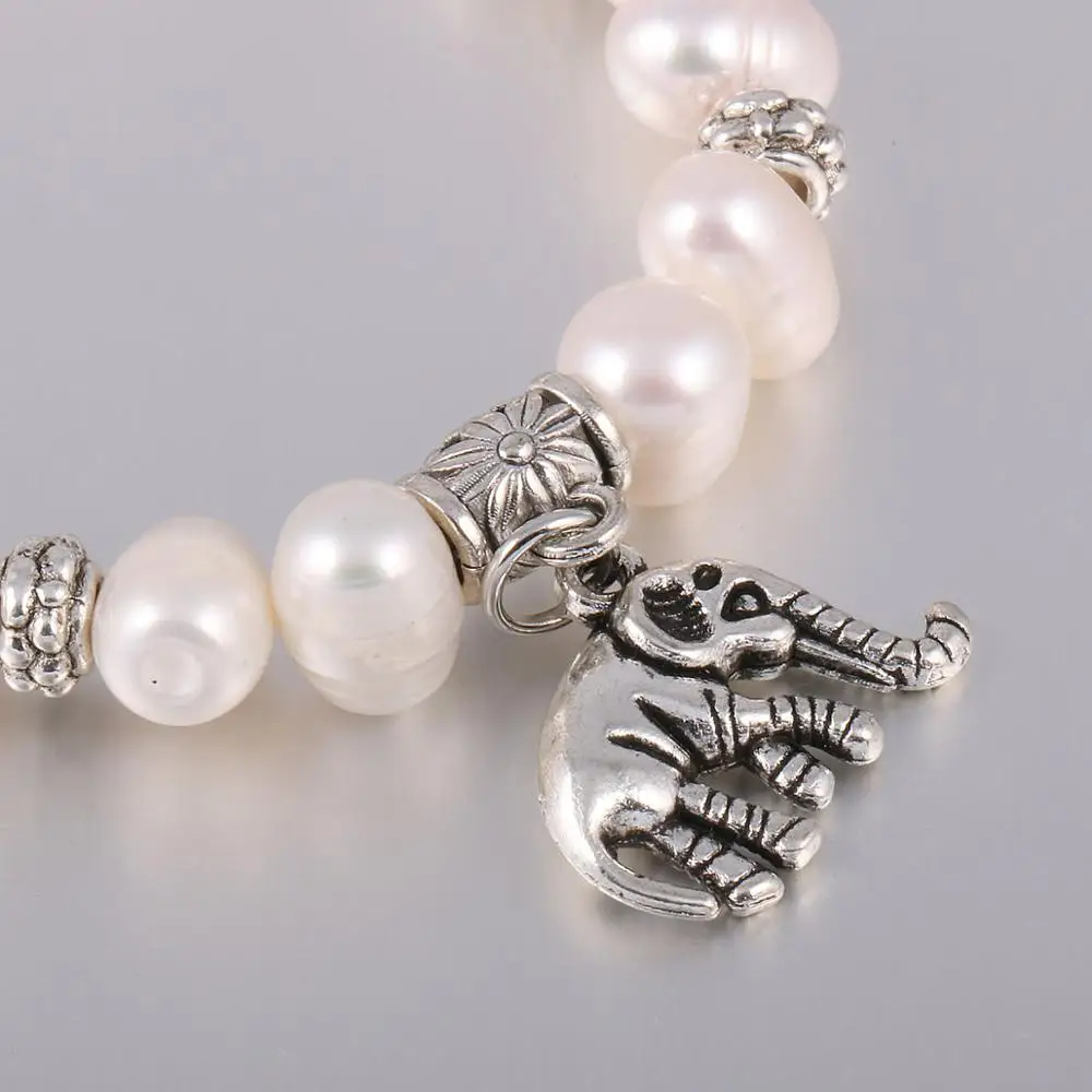 Браслет подвеска слон из цинкового сплава с пресноводным жемчугом 8 мм 19