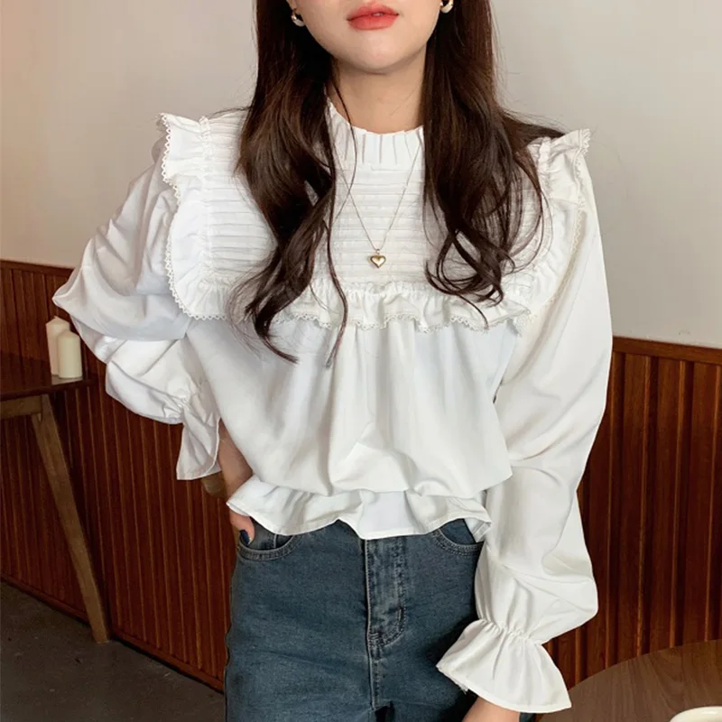 

2021 Spring Women Fashion Sweet Blouse Stand Collar Flare Sleeve Patchwork Ruffles Loose Shirt D157