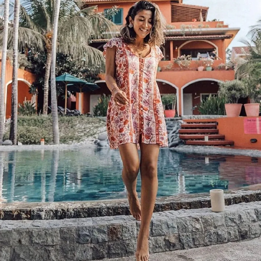 2020 богемное платье с цветочным рисунком и V образным вырезом женская летняя