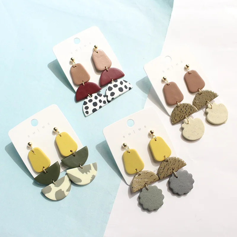

2021 New Handmade Vintage Clay Earrings Camouflage Wave Dot Geometric Stud Women S925 Silver Dangle Earring