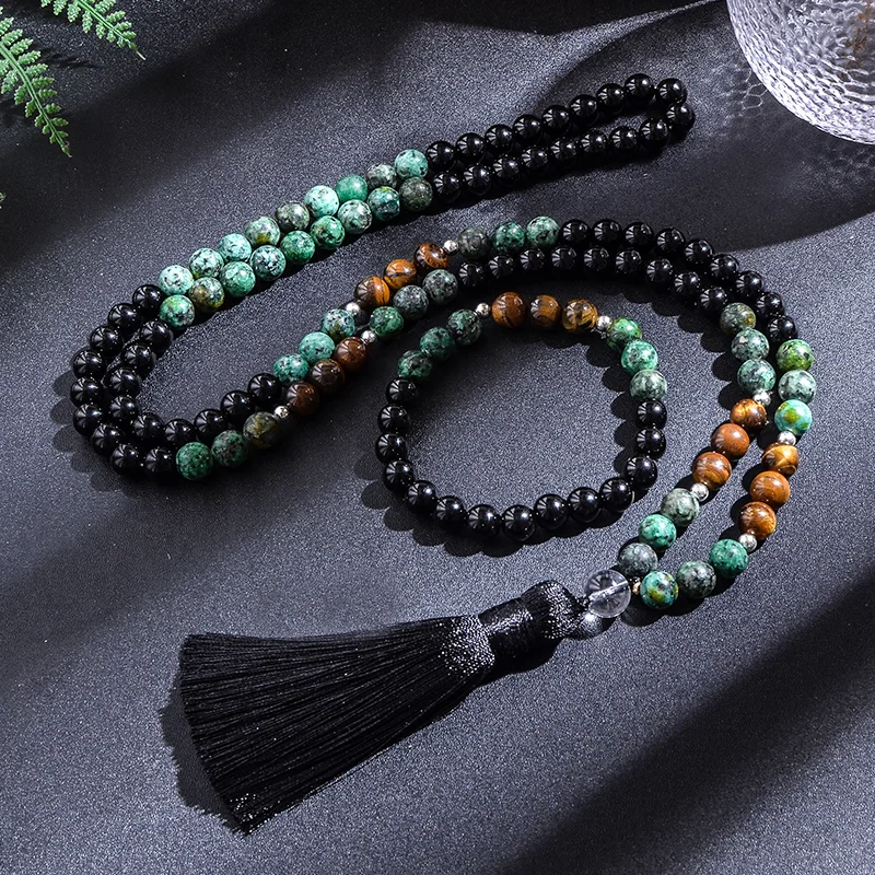 

8mm African Turquoise Black Agate Yellow Tiger Eye Beads Japamala Necklace Bracelet Set Meditation Yoga Jewelry 108 Mala Rosary