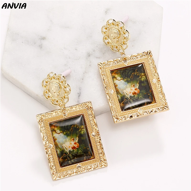 

Hot Sell Antique Cameo Framed Picture Dangle Earrings For Women Portrait Of Duchess Elegant Vintage Baroque Handprint Jewelry