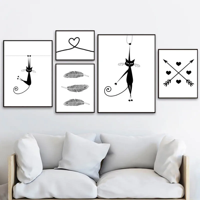 Скандинавский плакат Кот перо стрела сердце черный белый стандартные принты