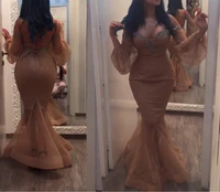 champagne beaded mermaid backless long 2018 sexy off the shoulder long sleeves evening prom gown mother of the bride dresses