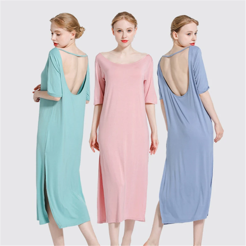 

Loose Night Skirt Female Summer Modal Sexy Backless Szlafrok Solid Color Long Section Home Service Fashion Night Gown