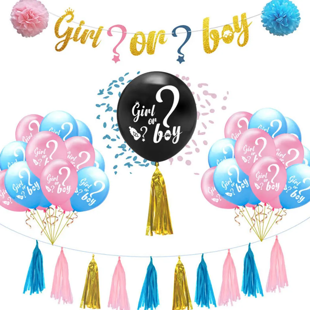 

Gender Reveal Party Supplies Baby Party Decoration BOY OR GIRL Flag Pulling Confetti Balloons Photo Props