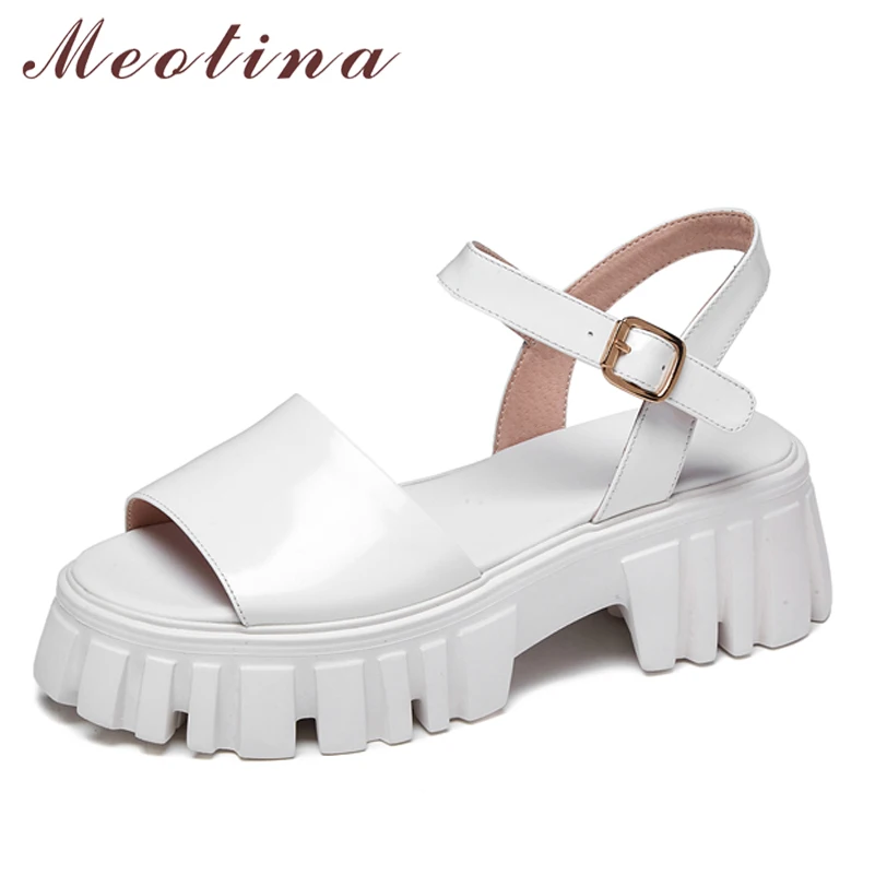 

Meotina Women Sandals Genuine Leather Shoes Thick High Heels Platform Sandals Causal Buckle Ladies Footwear 2021 Summer White