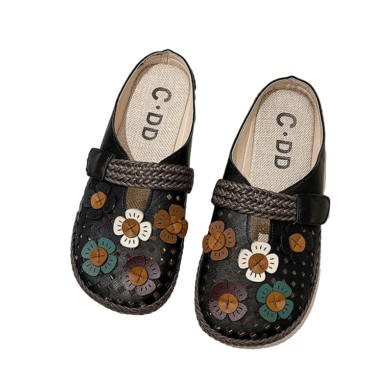 

Female Shoes Cover Toe Ladies' Slippers Fretwork Heels Luxury Slides Flower Loafers 2021 Flat Designer Rubber TPR Retro Floral B