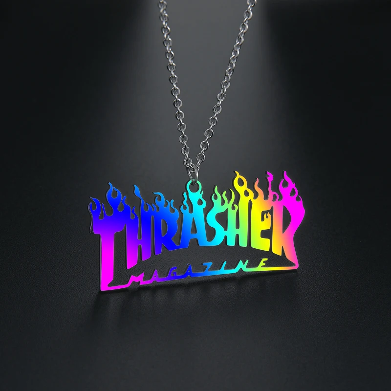 

New Street Hiphop Hip Hop Pendant Thrasher Colorful Necklace Can Be Quenched Thrasher Necklace Stainless Steel Jewelry