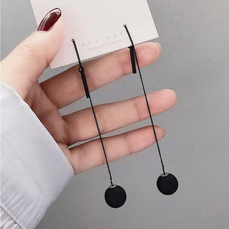 

New 2021 Long Tassels Black Joker Contracted Metal Ball Drop Earrings Women Temperament Weddings Jewelry Gift