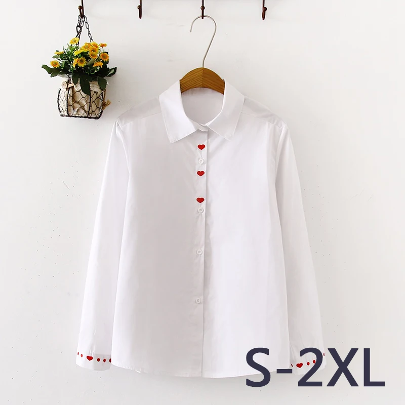 White - love heart Модные корейские женские блузки, топы, белые рубашки, консервативный дизайн, осенние женские рубашки с цветочной вышивкой T78730A - Цвет: White - love heart