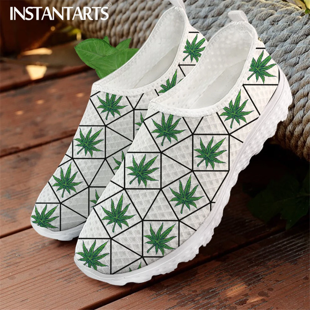 

INSTANTARTS Summer Breathable Slip-on Flat Shoes Fashion Weed Leaves Geometric Printed Women Mesh Sneakers Casual Beach Loafers