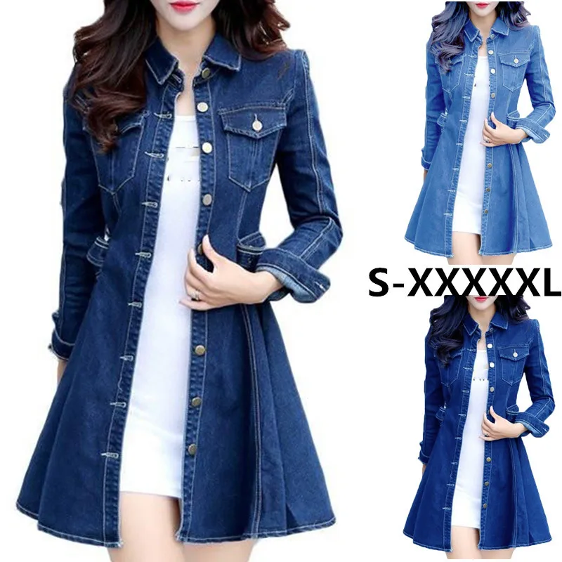 

Lugentolo Jean Jacket Women Spring New Lapel Ruffle Long Sleeve Turn-down Collar Single-breasted Skirt Coat