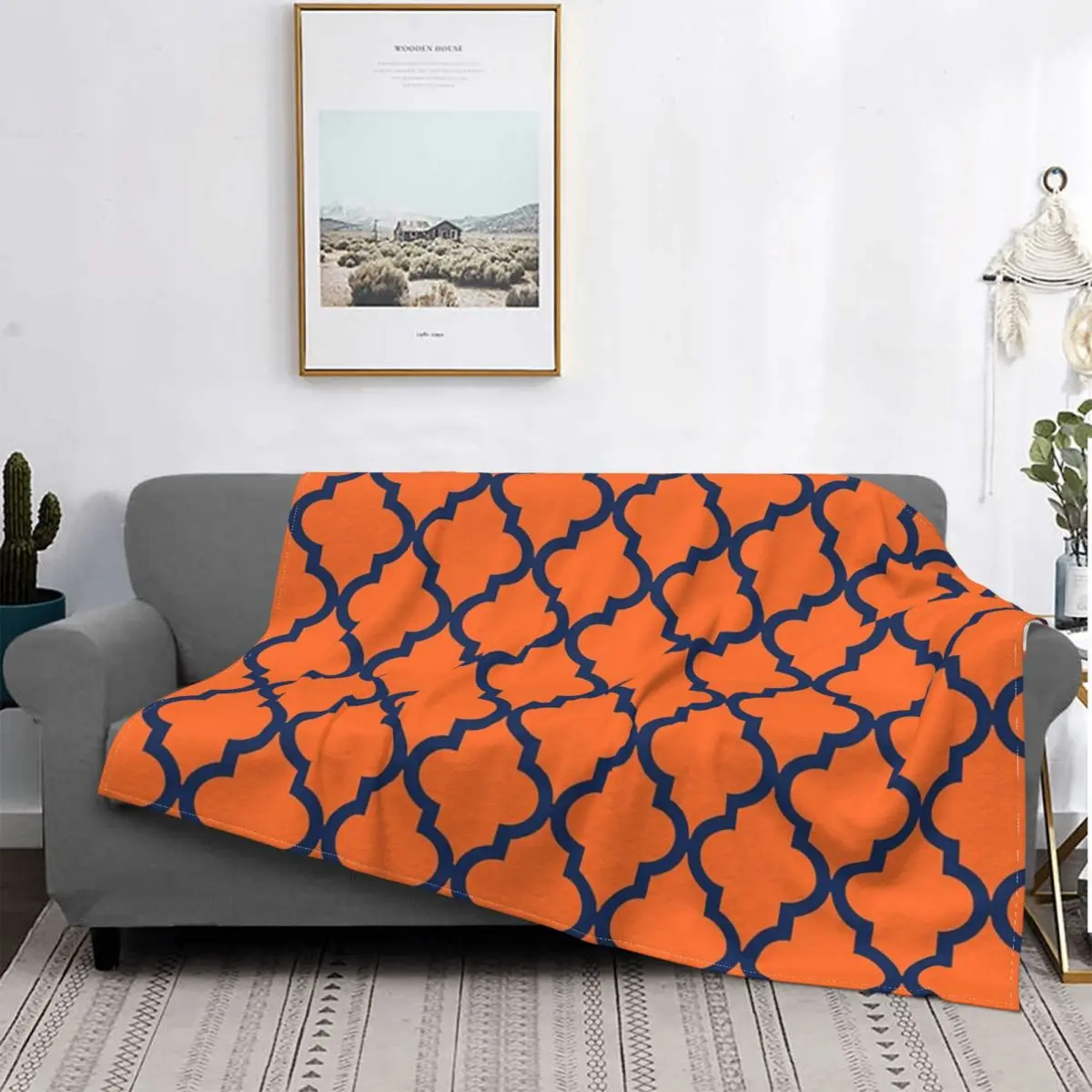 

Manta de muselina con estampado marroquí para el sofá, 2 mantas de color naranja y azul marino, a cuadros, para cama y cama