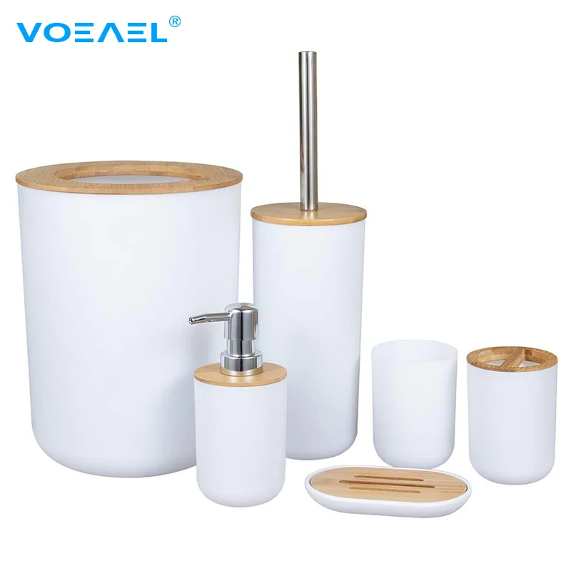 Bathroom Accessories Set Bamboo Plastic Bathroom Kit Toothbrush Cup, Soap Dispenser, Soap Dish, Toilet Brush Holder,Trash Can