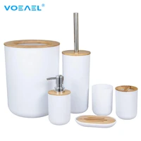Bathroom Accessories Set Bamboo Plastic Bathroom Kit Toothbrush Cup  Soap Dispenser  Soap Dish  Toilet Brush Holder Trash Can