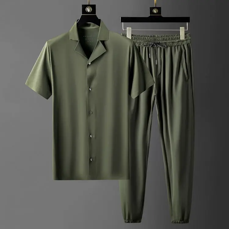 

Brand Summer Mens Sets (t-shirt+pants) Luxury Solid Color Short Sleeve Thin Male Sets Plus Size 4xl Elastic Waist Slim Man Sets