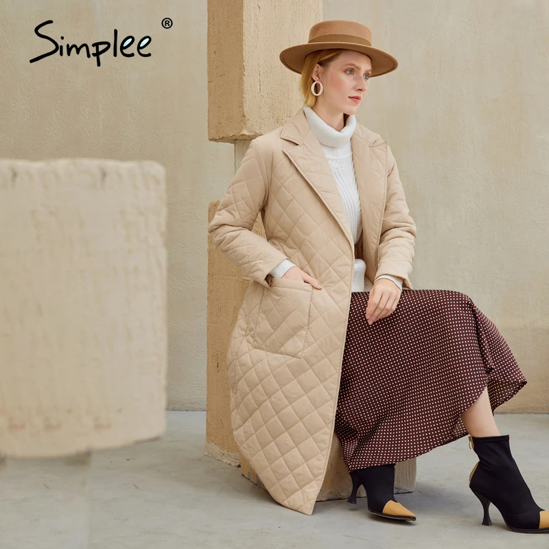 

Fashion female winter windproof jacket Casual sashes women winter parka Long straight coat with rhombus pattern 2020