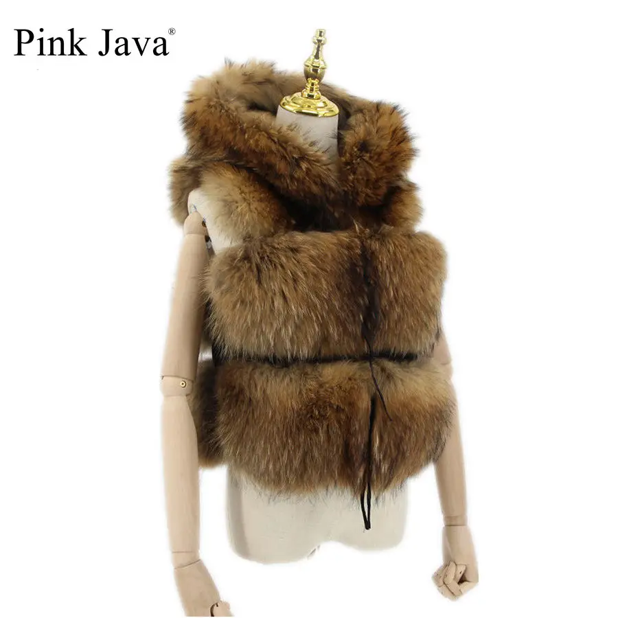 Новое поступление розовый java QC20063 жилет из натурального меха енота с капюшоном