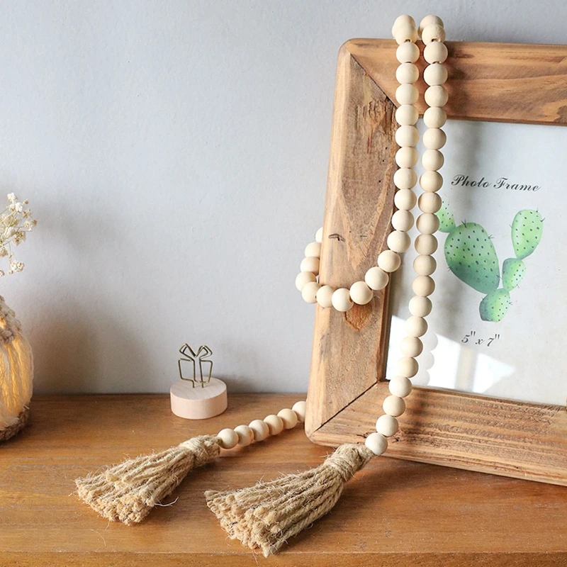 

Wood Bead Garland Handwoven Hemp Rope Tassel Bead Chain String Wooden Crafts for Home Bedroom Farmhouse Hanging
