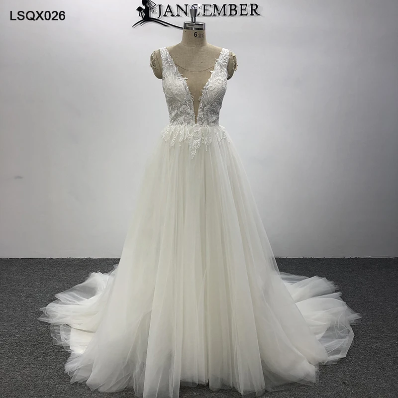 

LSQX026 boho simple wedding dress deep v neck with glitters sleeveless a line wedding dress lace up black preals robe de mariée