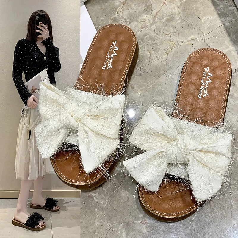 

Shoes Woman 2021 Butterfly-Knot Slippers For Swimming Pool Low Luxury Slides Beach Flat Designer Butterfly-knot PU Cotton Fabric