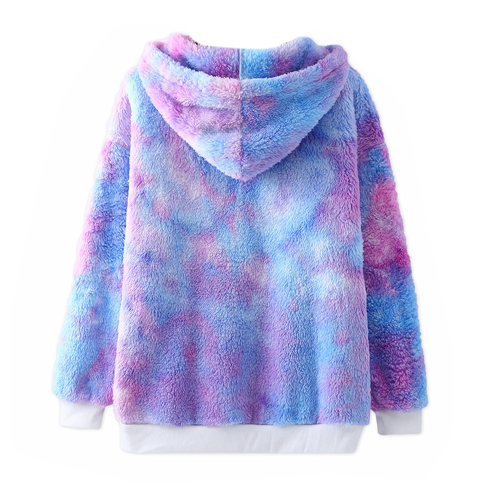 

Cofekate Tie Dye Coat Fleece Drawstring Long Sleeve Hoodies Women Sweatshirt Casual Zipper Pullover Fur Hooded Coats 5XL