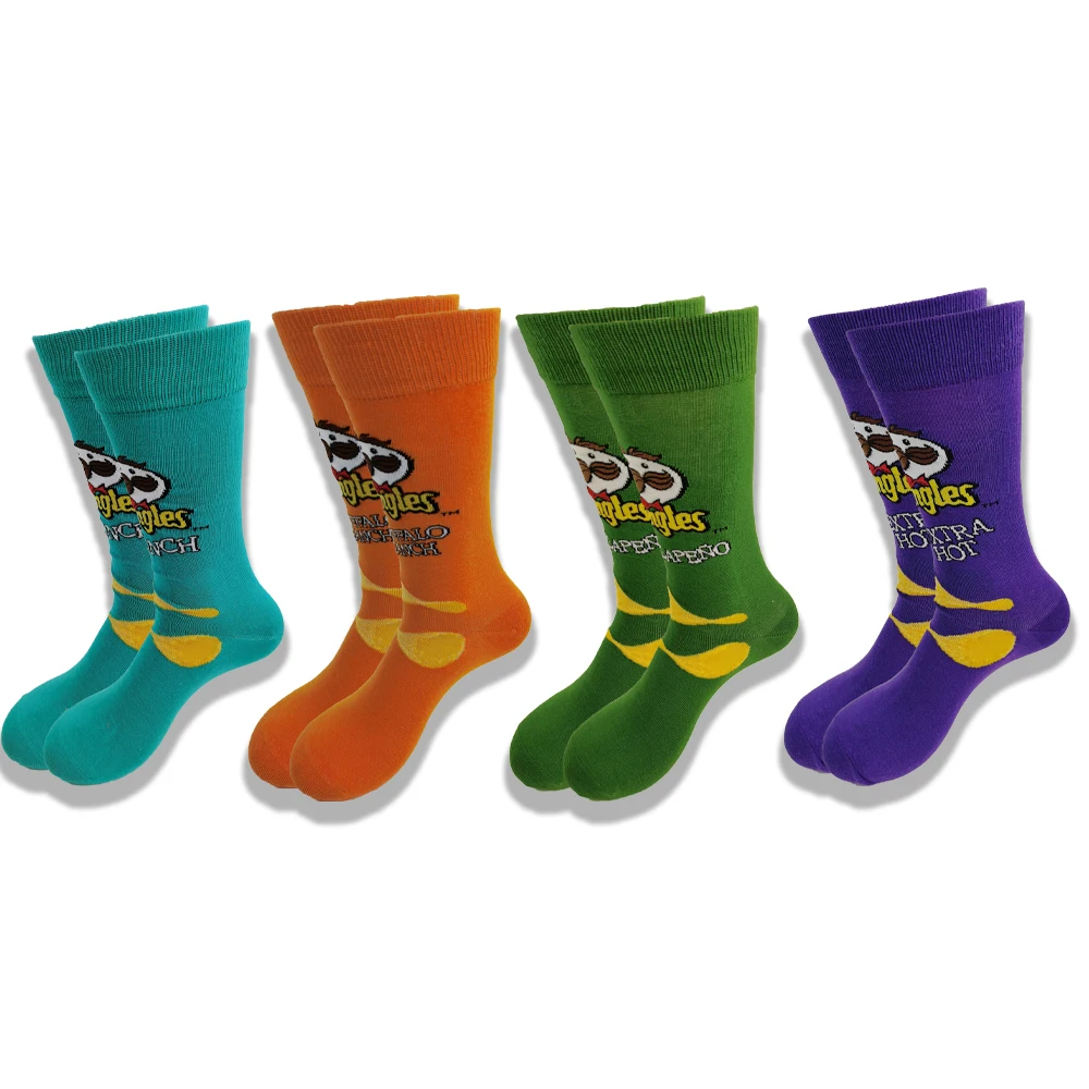 

A Pair of Men's Socks in Autumn and Winter are Happy and Funny Street Fashion Sewing Patterns are Yellow Blue Purple Green