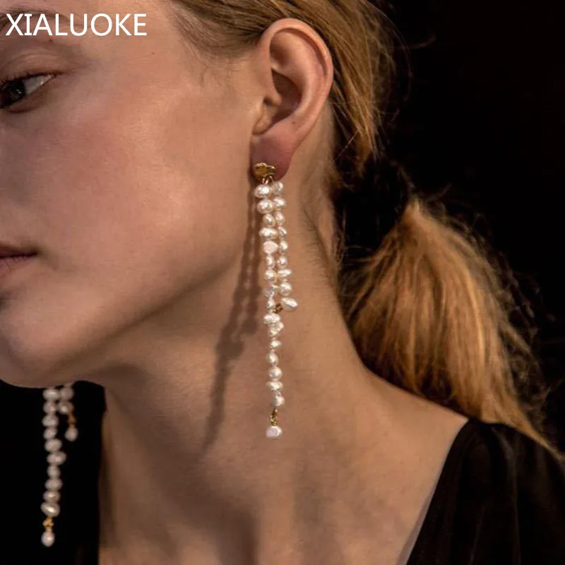 

XIALUOKE Asymmetric Long Tassel Baroque Freshwater Pearl Drop Earrings For Women New Vintage Hyperbole Earrings Party Jewelry