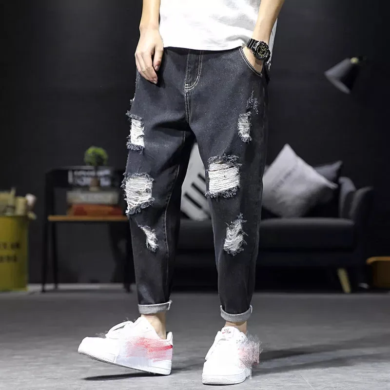 

Men's Hole Jeans Spring and Autumn 2020 New Loose Large Size Ankle-Length Pants All-match Casual Pants Hip Hop Jeans