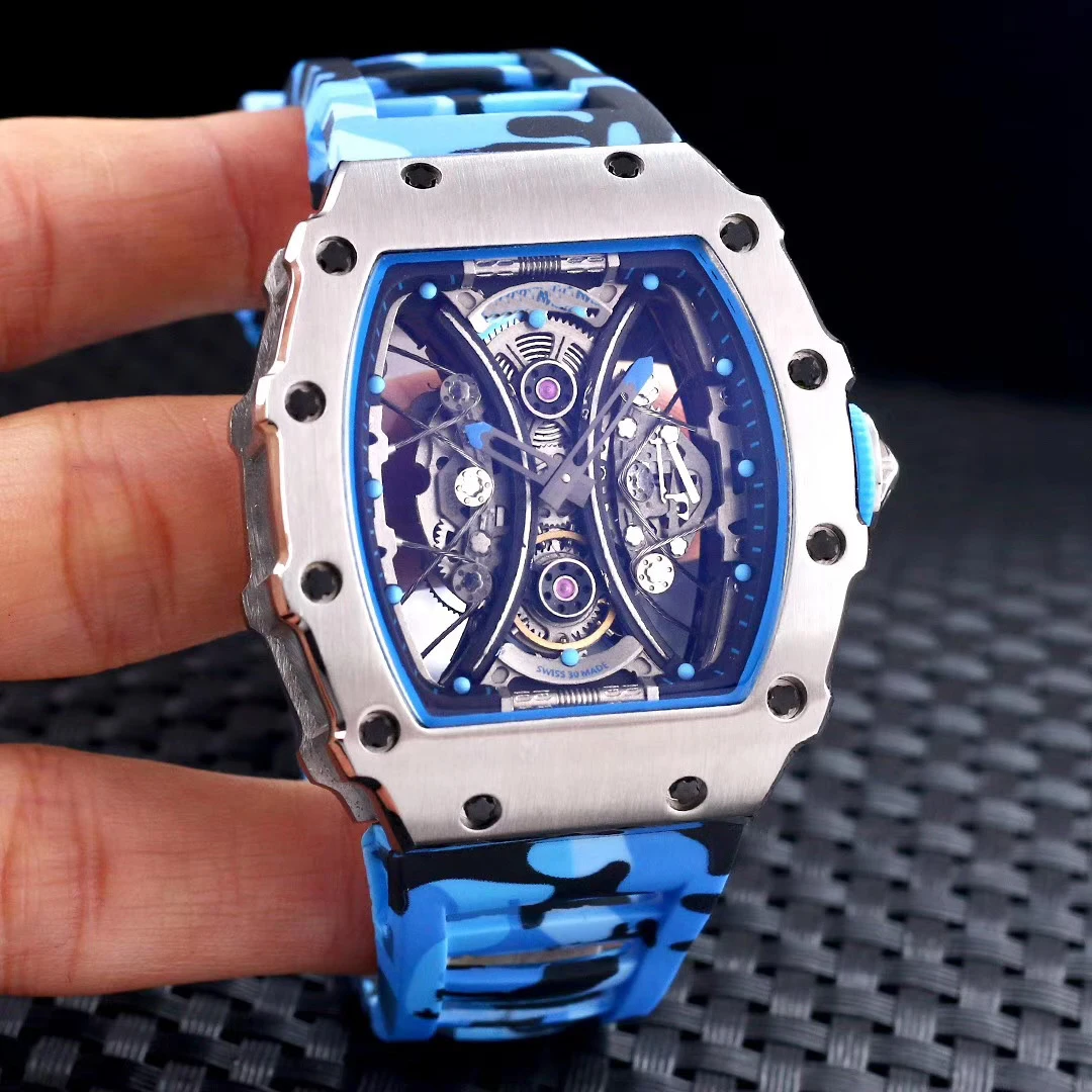 

Brand New Blue Grey Silver Rubber Men Watch Automatic Mechanical Tourbillion Black PABLO MAC DONOUGH Stainless Steel Skeleton