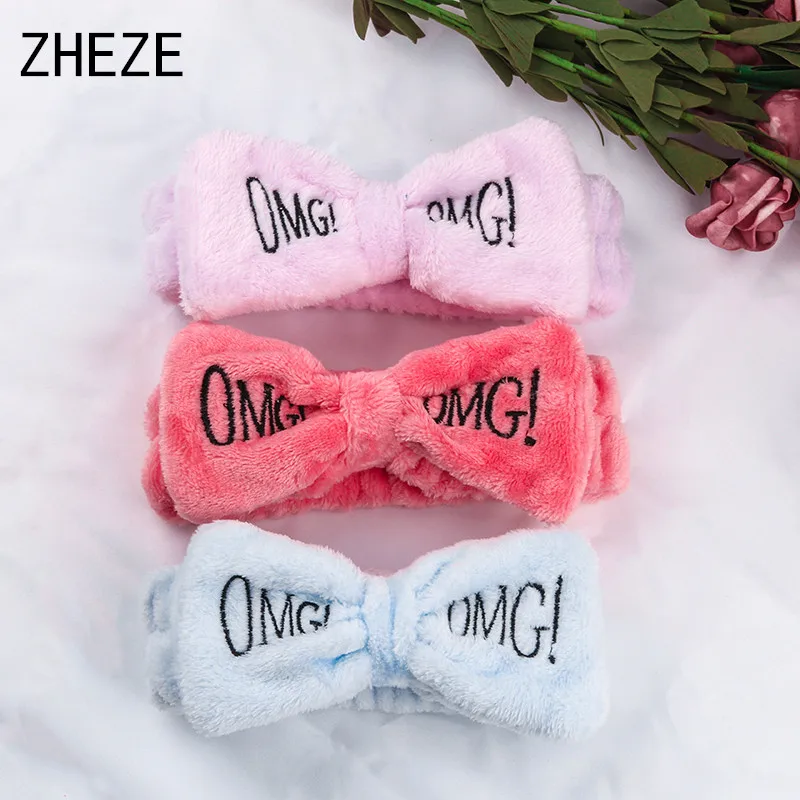 Porte cheveux en molleton pour femmes, 1 pièce, bandeau de maquillage de bain avec lettres OMG, nœud de 7 pouces, accessoires pour filles  (0)