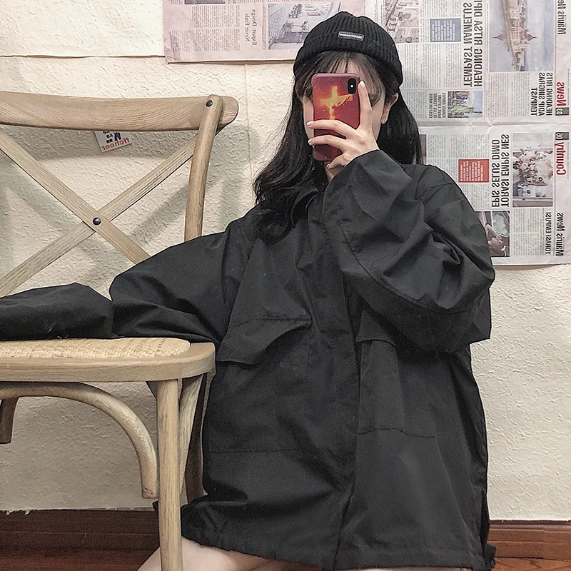 

GOOHOJIO 2020 New Autumn Chic Coats Women High Quality Warm Oversized Solid Color Women's Jackets Loose Tooling Jacket for Women