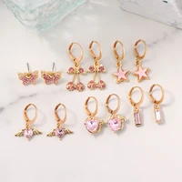new pink crystal heart cherry drop earrings set for women sweet girls cute butterfly star dangle earrings fashion jewelry gift