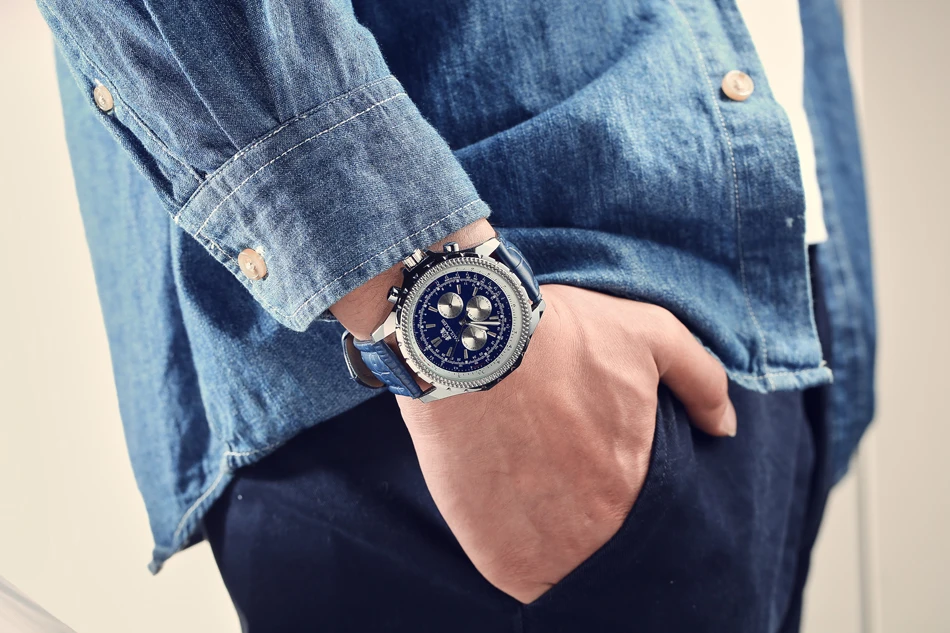 

Men Automatic Self Wind Mechanical Black Brown Blue Leather Strap Fashion Sports Business Watch