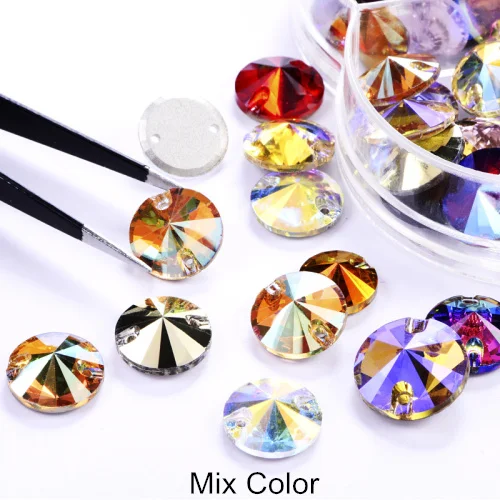 Mix Color 40pcs AAAAA Quality 12mm Round Rivoli Glass Sew On Rhinestones Flatback Crystal Sewing Strass for DIY Wedding Dress B1248 - Цвет: Mix Color