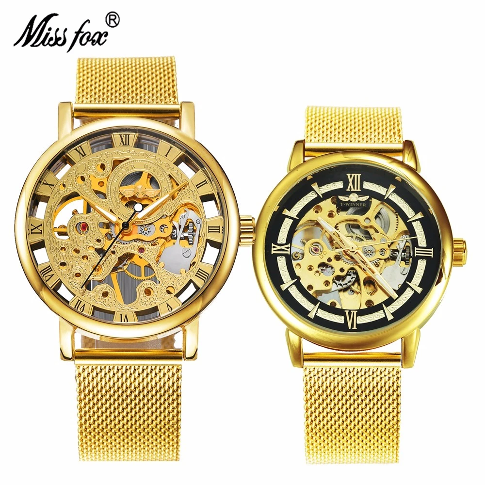 WINNER Luxury Fashion Set Glass Dial Luminous Hands Mechanical Ultra Thin Shock Resistant Mesh Strap Couple Watches 411