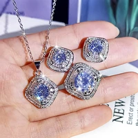 silver color rectangle zircon stone jewelry set long chain necklace adjustable ring stud earrings for women fashion jewely 2021