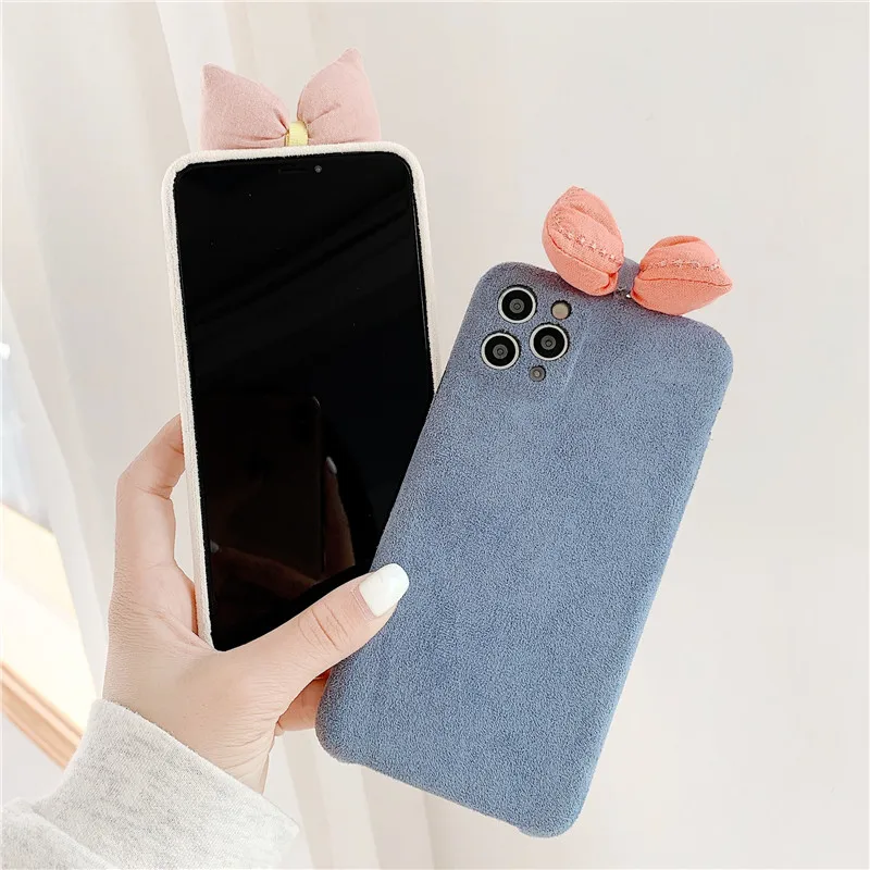 

Ins Plush Cute 3D Bowknot Phone Case For iPhone XS MAX 12 Mini 11 Pro Max XR X 8 7 Plus SE 2020 Solid Color Back Protect Cover