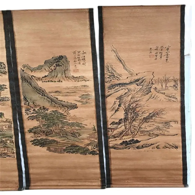 

China Old Scroll Painting Four Screen Paintings Middle Hall Hanging Painting Calligraphy Landscape In Four Seasons Drawing