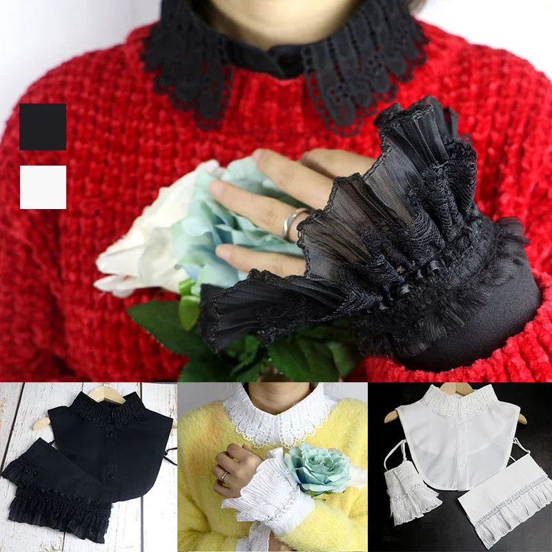 Женский модный комплект с имитацией воротника на манжетах черный белый шифон