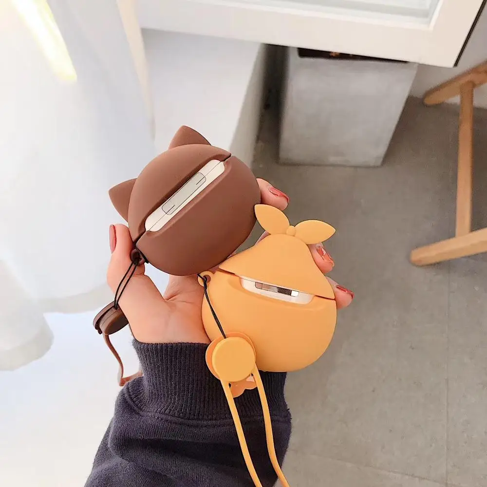 

For Apple Airpods pro 2 1 Cute 3D Orange bear Peach Lanyard Bluetooth Wireless Silicone Case Charging Headphone Case cover