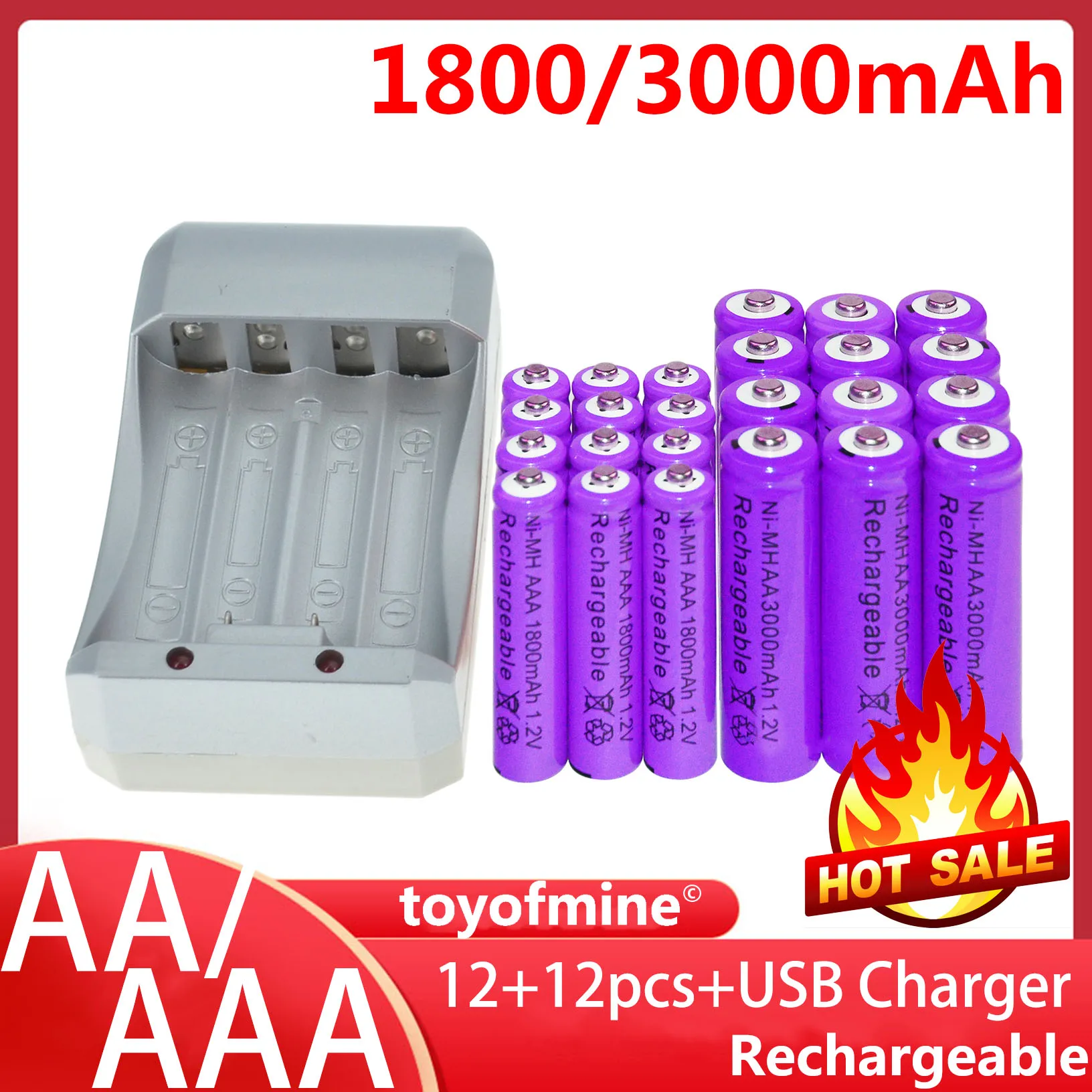 12x AA 3000mAh + AAA 1800mAh 1 2 V Ni MH фиолетовый перезаряжаемый аккумулятор USB зарядное