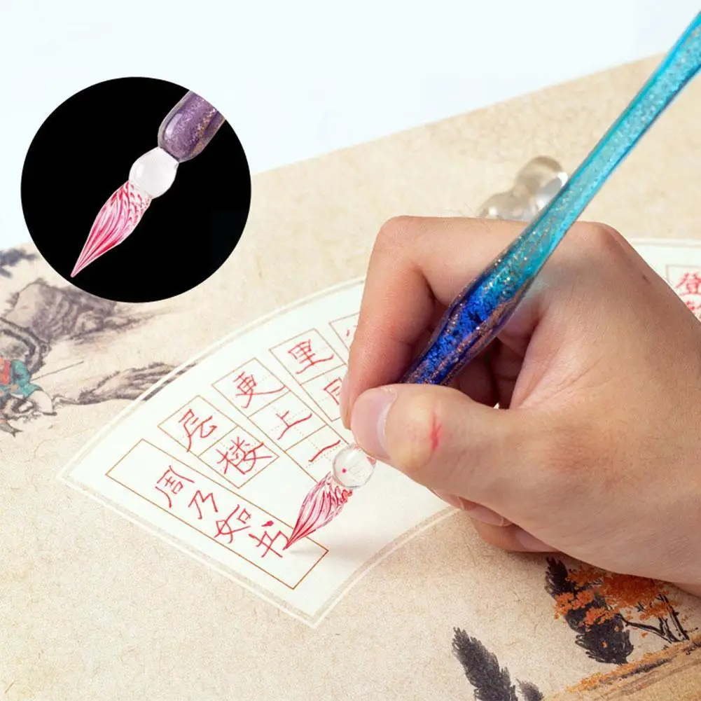 

Crystal Glass Signatures Dip Pen Set with Colorful Art Ink Painting Calligraphy Doodling Pen Stationery Crystal Writing Wri H5P2