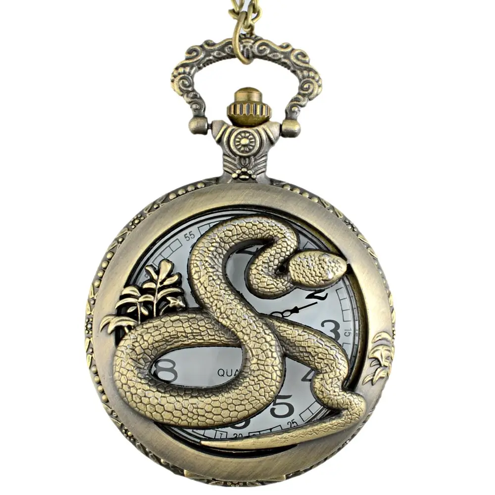 Старинные Бронзовые змея Графический кварцевые карманные часы с цепочкой в