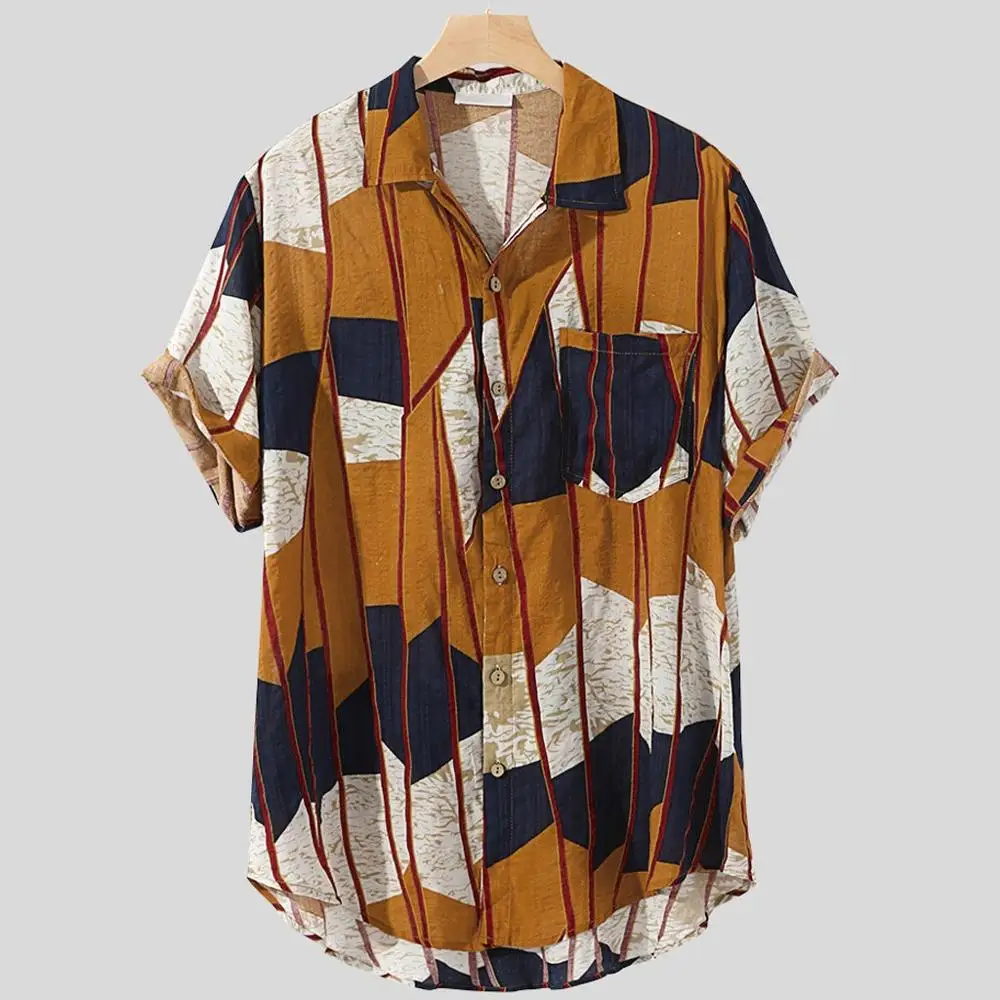 Коричневый Стильная мужская рубашка Hauts pour hommes из чистого хлопка с разноцветным принтом, свободная рубашка с отложным воротником и коротким рукавом, Ropa de hombre camisa - Цвет: Коричневый