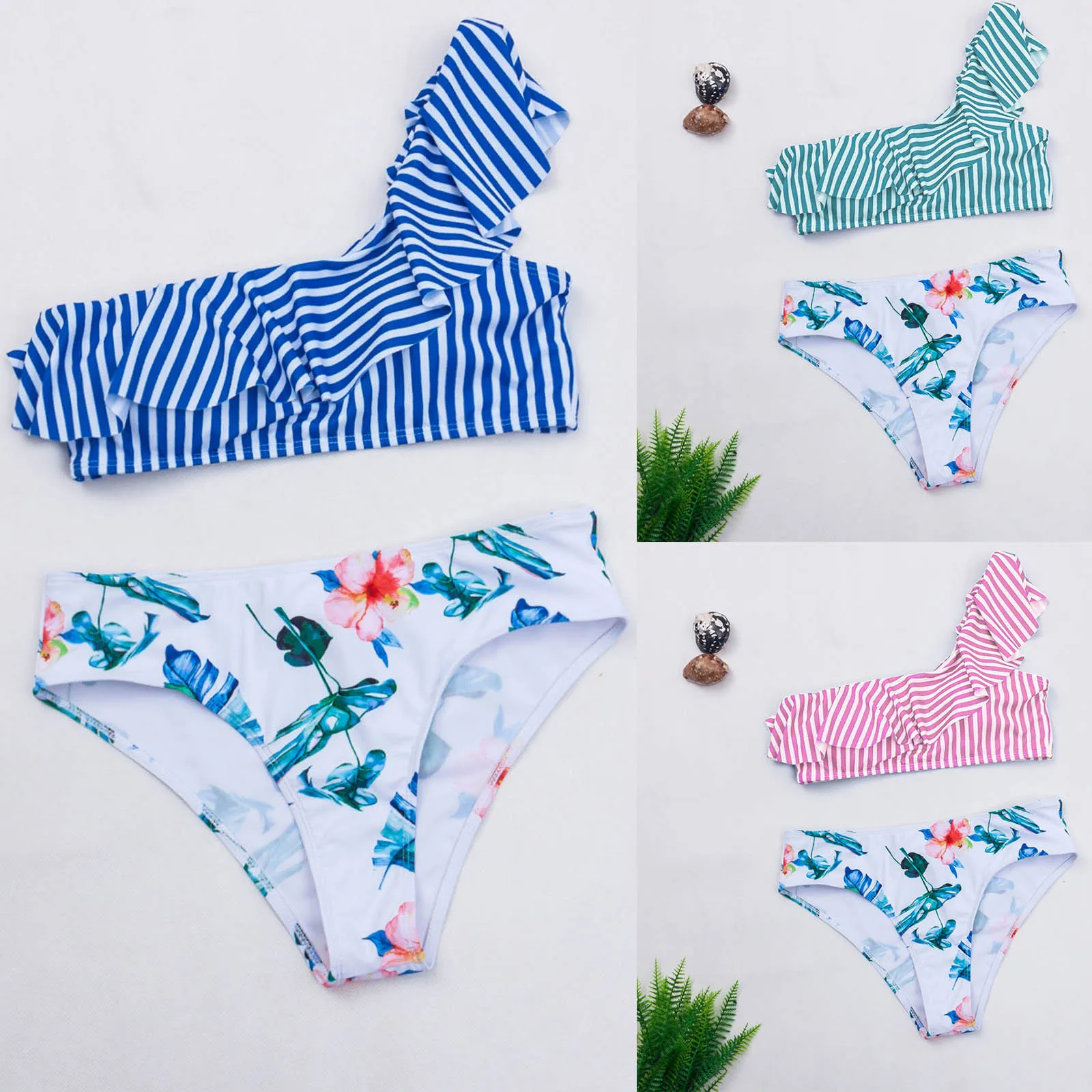 

Комплект бикини 2021, женский купальник на одно плечо, полосатый купальник с оборками, женский сексуальный бикини, бикини, женская пляжная оде...