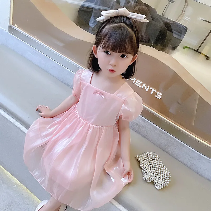 

Summer 2021 Girls Dress Summer Cute Dress Short Sleeve Bow Mesh Pink Solid Cute A-line Cute Princess Dress Vestidos 18M-6T
