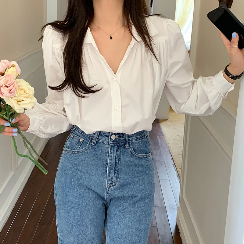 

COIGARSAM Shirt Womens Tops Autumn 2021 Office Lady French Style Long Sleeve Solid Straight V-Neck White Women Shirts