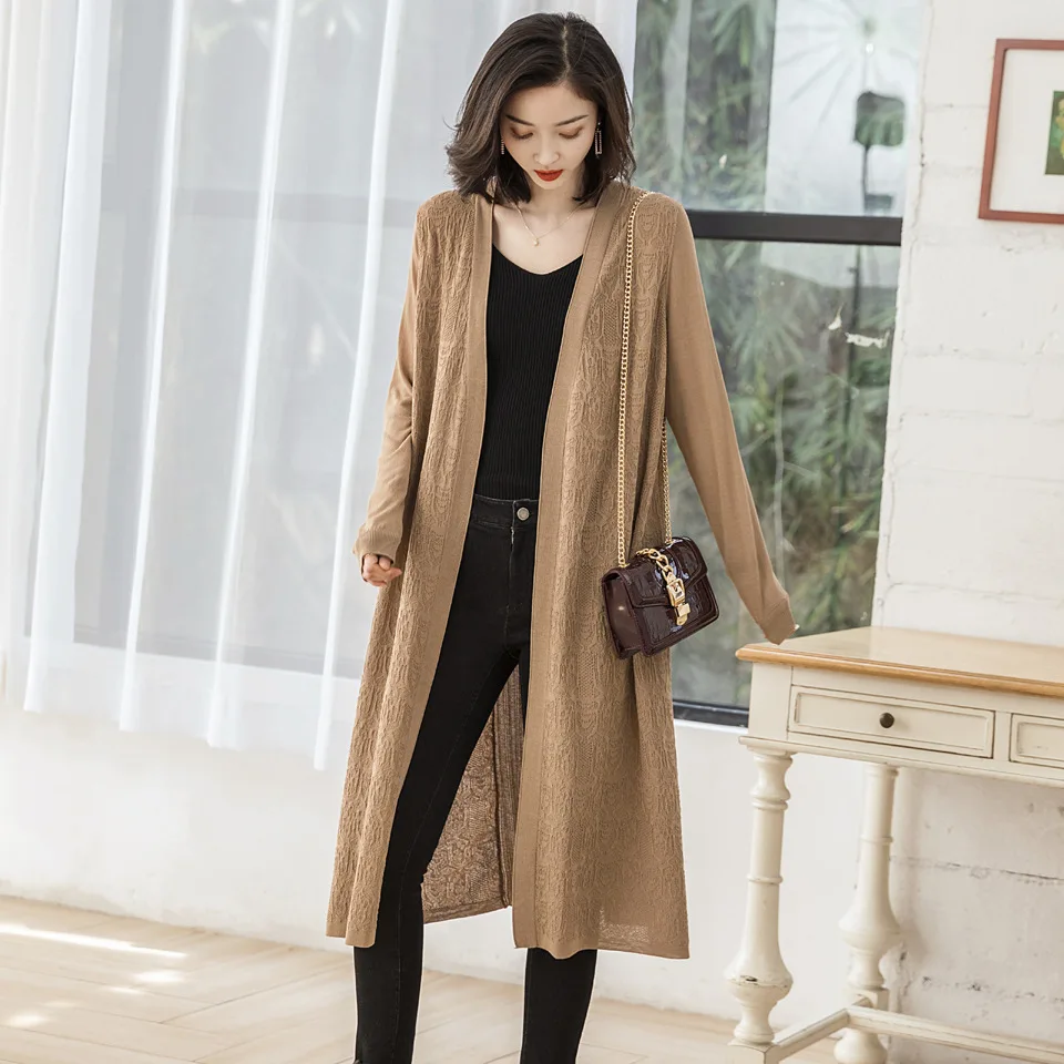 

5690 Summer Women Long Sleeves Cardigan Thin Knitting Coat Korean Style Elegant Fashion Unique Patchwork Office Lady Solid Green